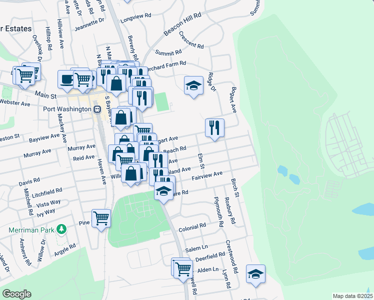 map of restaurants, bars, coffee shops, grocery stores, and more near 36 Bar Beach Road in Port Washington
