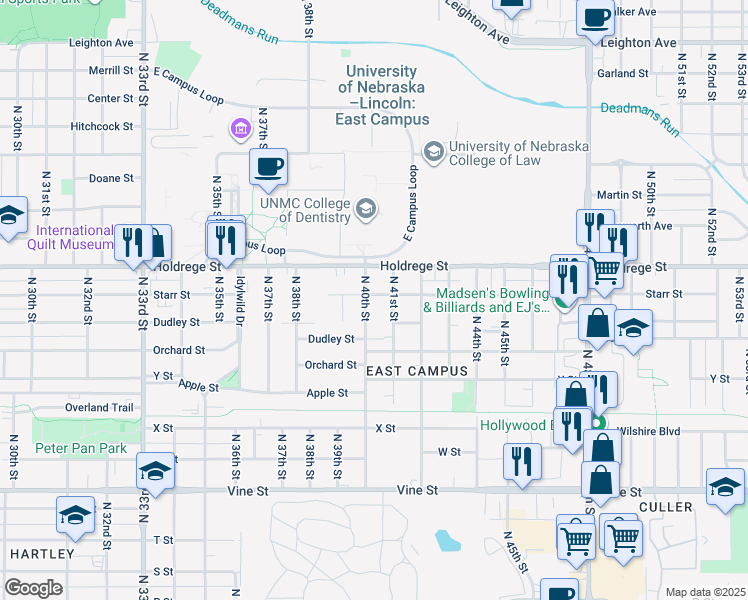 map of restaurants, bars, coffee shops, grocery stores, and more near 1336 North 40th Street in Lincoln