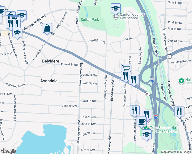 map of restaurants, bars, coffee shops, grocery stores, and more near 3004 27th Street Northwest in Canton