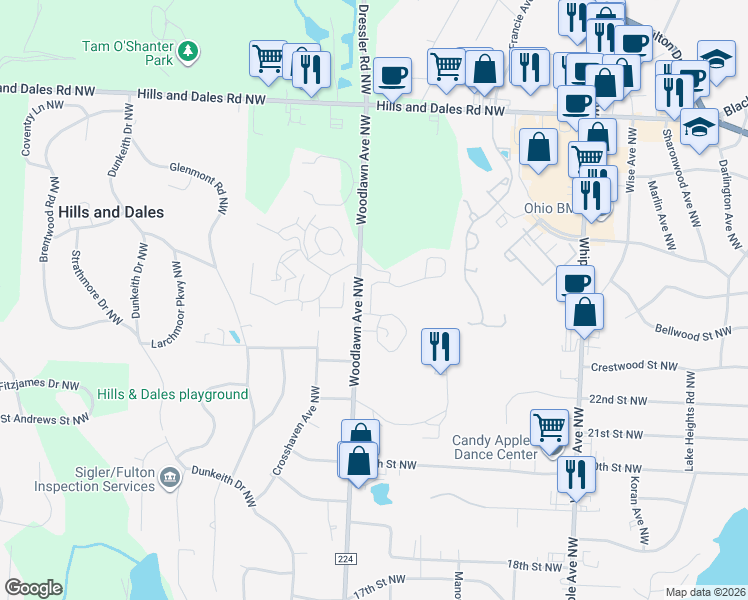 map of restaurants, bars, coffee shops, grocery stores, and more near 2532 Marsh Avenue Northwest in Canton