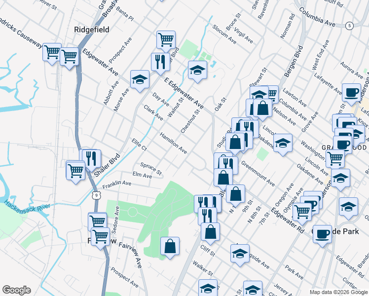 map of restaurants, bars, coffee shops, grocery stores, and more near 655 Hamilton Avenue in Ridgefield