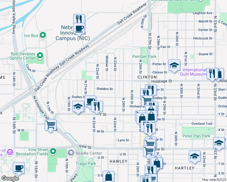 map of restaurants, bars, coffee shops, grocery stores, and more near 2297 Sheldon Street in Lincoln
