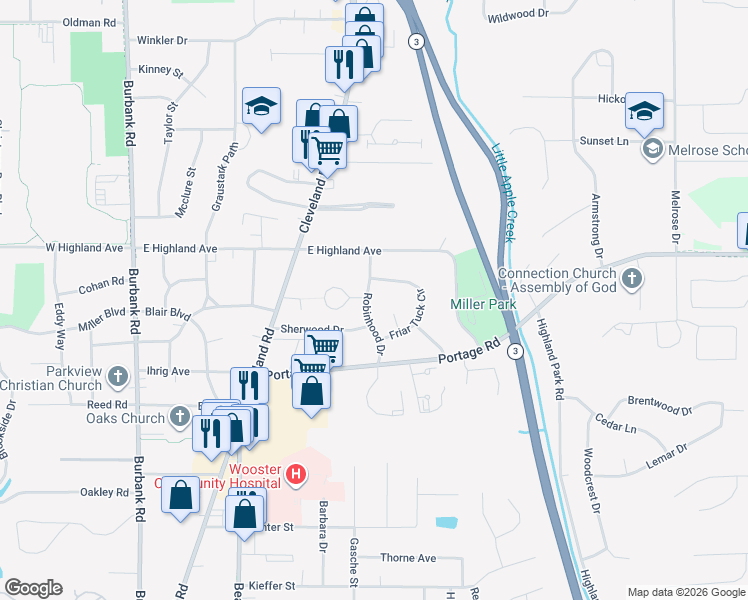 map of restaurants, bars, coffee shops, grocery stores, and more near 2241 Robinhood Drive in Wooster