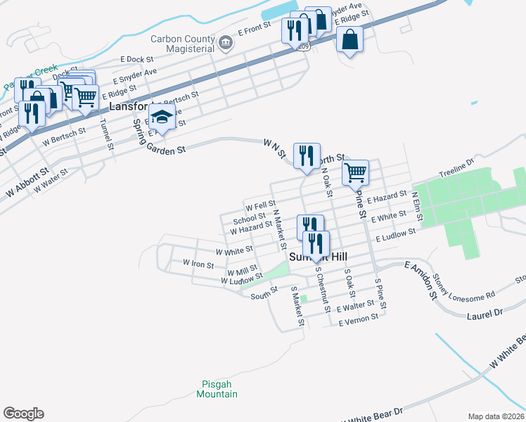 map of restaurants, bars, coffee shops, grocery stores, and more near 129 West Fell Street in Summit Hill