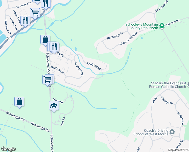 map of restaurants, bars, coffee shops, grocery stores, and more near 2 Knob Hill Rd in Hackettstown