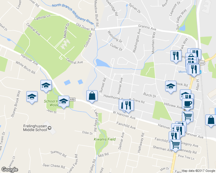 map of restaurants, bars, coffee shops, grocery stores, and more near 16 Carlyle Avenue in Morris Plains