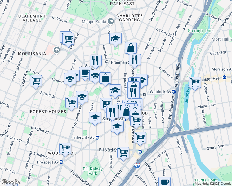 map of restaurants, bars, coffee shops, grocery stores, and more near 1107 Fox Street in The Bronx