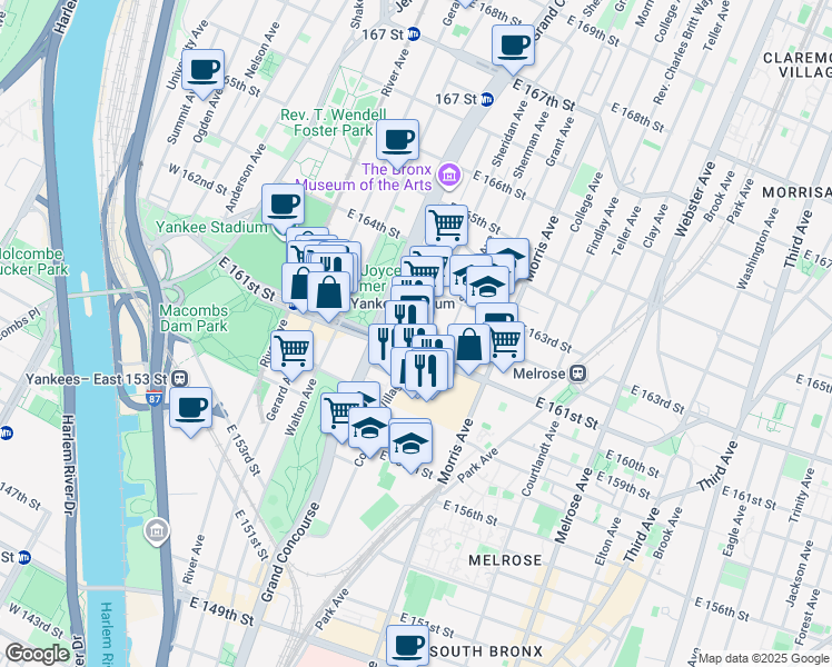 map of restaurants, bars, coffee shops, grocery stores, and more near 177 East 161st Street in The Bronx