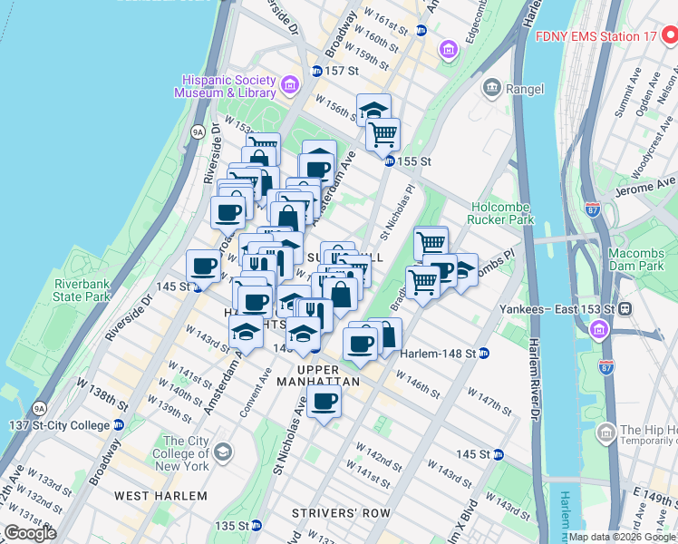map of restaurants, bars, coffee shops, grocery stores, and more near West 149th Street in New York