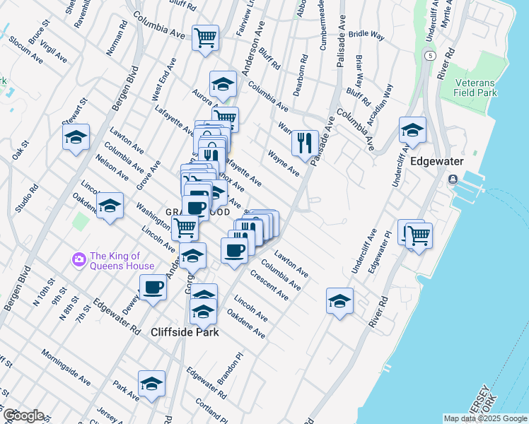 map of restaurants, bars, coffee shops, grocery stores, and more near 230 Knox Avenue in Cliffside Park
