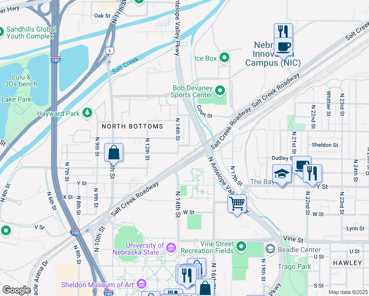 map of restaurants, bars, coffee shops, grocery stores, and more near 1234 North 14th Street in Lincoln