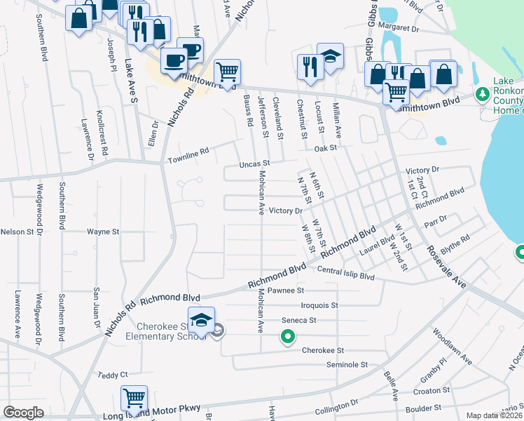 map of restaurants, bars, coffee shops, grocery stores, and more near Mohican Avenue & Oneida Street in Ronkonkoma