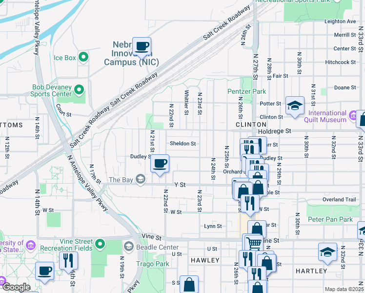 map of restaurants, bars, coffee shops, grocery stores, and more near 2257 Sheldon Street in Lincoln