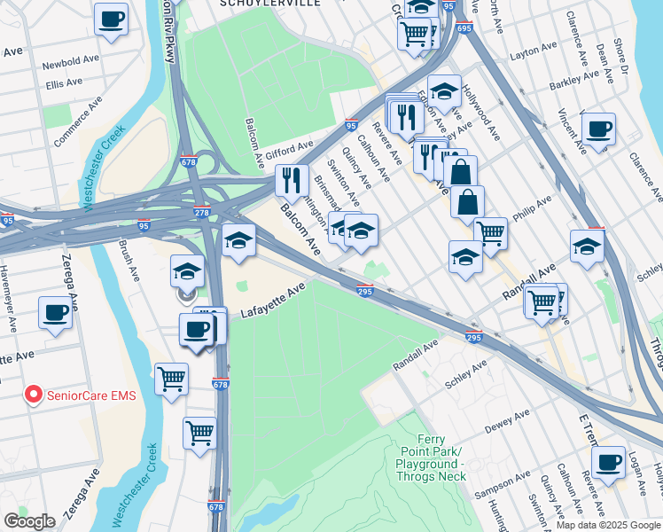 map of restaurants, bars, coffee shops, grocery stores, and more near 2750 Lafayette Avenue in Bronx