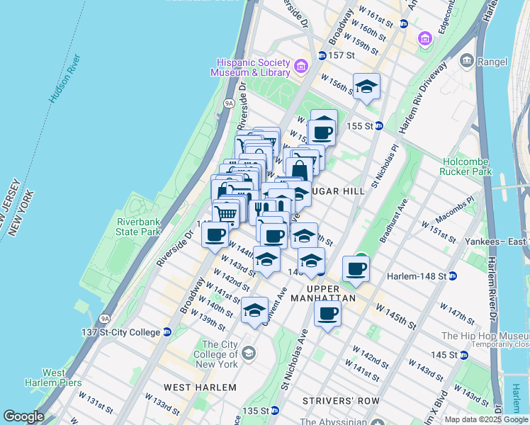 map of restaurants, bars, coffee shops, grocery stores, and more near 533 West 147th Street in New York