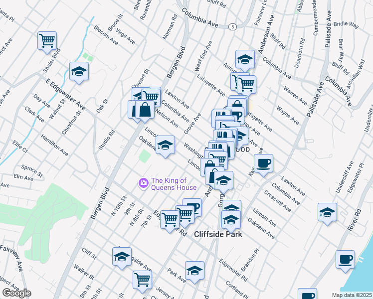 map of restaurants, bars, coffee shops, grocery stores, and more near 422 Washington Avenue in Cliffside Park