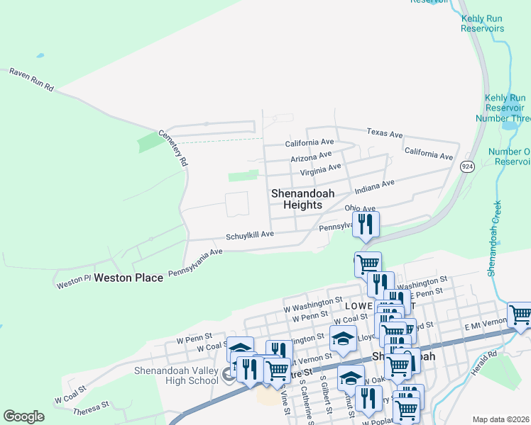 map of restaurants, bars, coffee shops, grocery stores, and more near 84 Swatara Road in Shenandoah