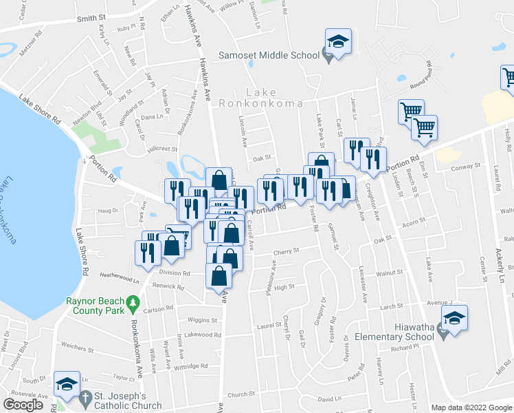 map of restaurants, bars, coffee shops, grocery stores, and more near 189b Portion Road in Lake Ronkonkoma
