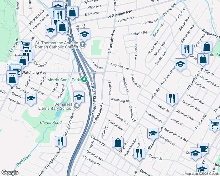 map of restaurants, bars, coffee shops, grocery stores, and more near 170 Sadler Road in Bloomfield
