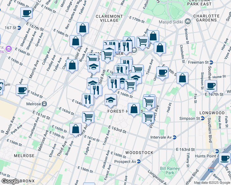 map of restaurants, bars, coffee shops, grocery stores, and more near 1086 Boston Road in The Bronx