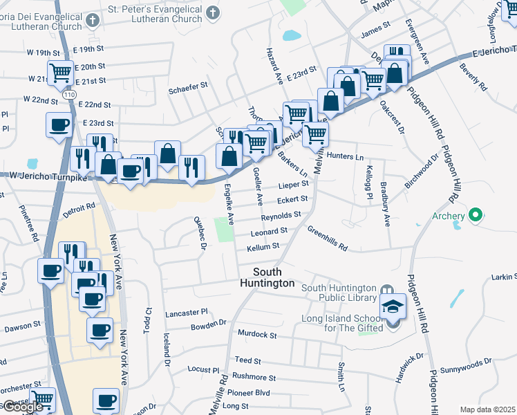 map of restaurants, bars, coffee shops, grocery stores, and more near 31 Goeller Avenue in Huntington Station