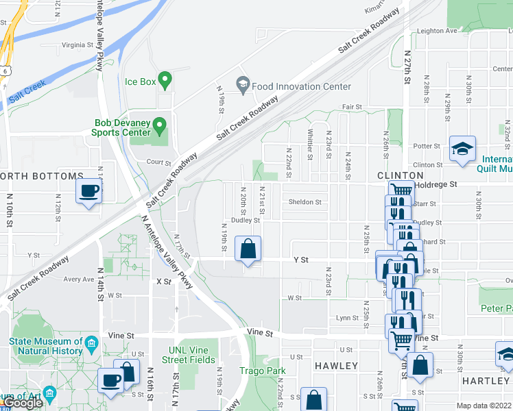 map of restaurants, bars, coffee shops, grocery stores, and more near 1335 N 21st St in Lincoln