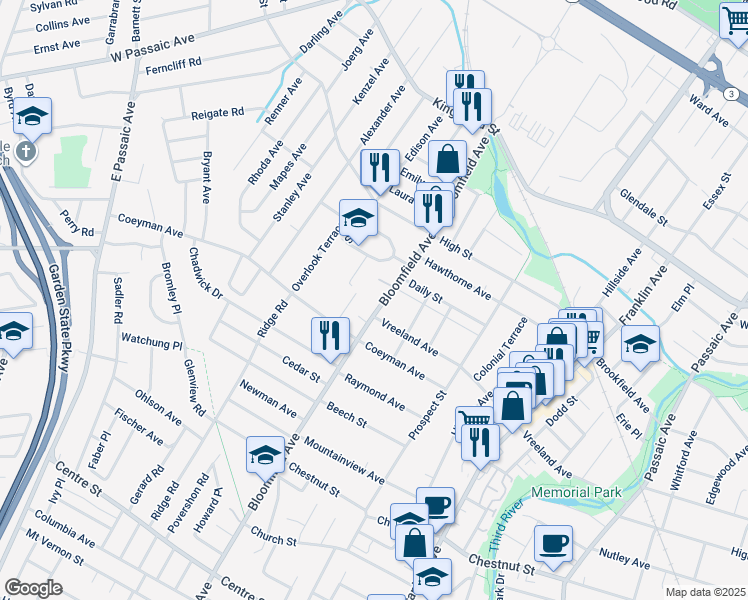 map of restaurants, bars, coffee shops, grocery stores, and more near 32 Forest Avenue in Nutley