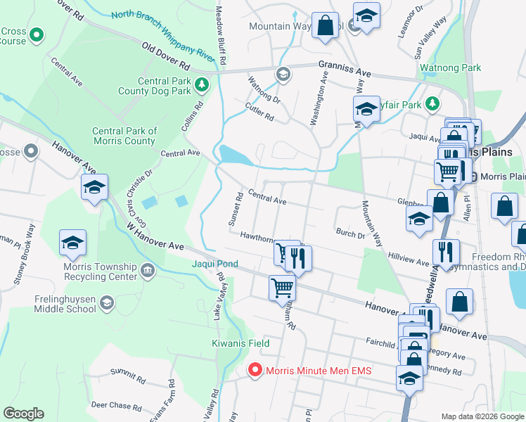 map of restaurants, bars, coffee shops, grocery stores, and more near 16 Carlyle Avenue in Morris Plains