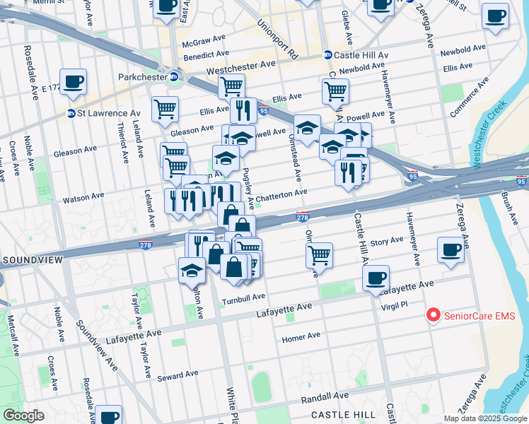 map of restaurants, bars, coffee shops, grocery stores, and more near 2013 Bruckner Boulevard in Bronx