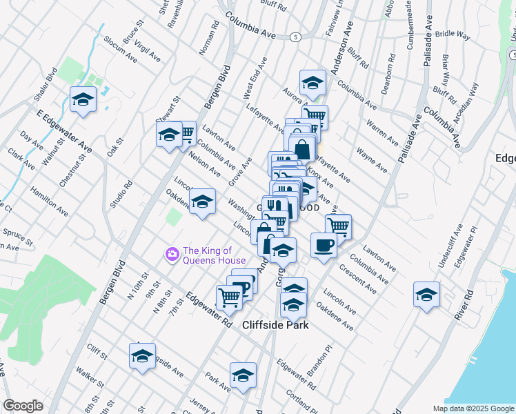 map of restaurants, bars, coffee shops, grocery stores, and more near 388 Nelson Avenue in Cliffside Park