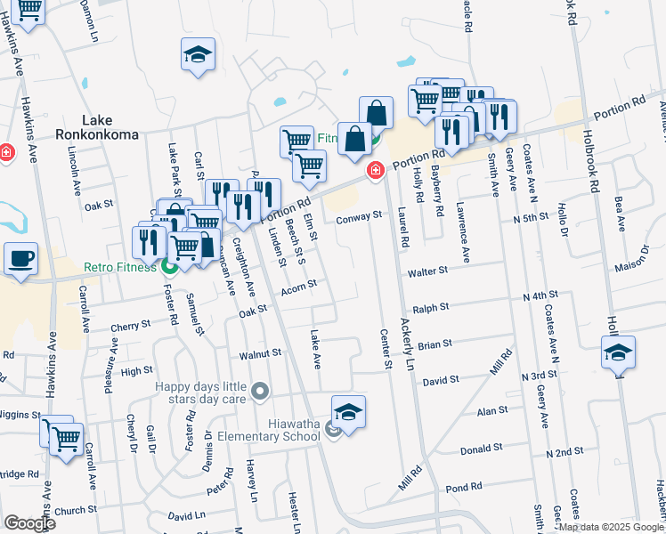 map of restaurants, bars, coffee shops, grocery stores, and more near 29 Elm Street in Lake Ronkonkoma
