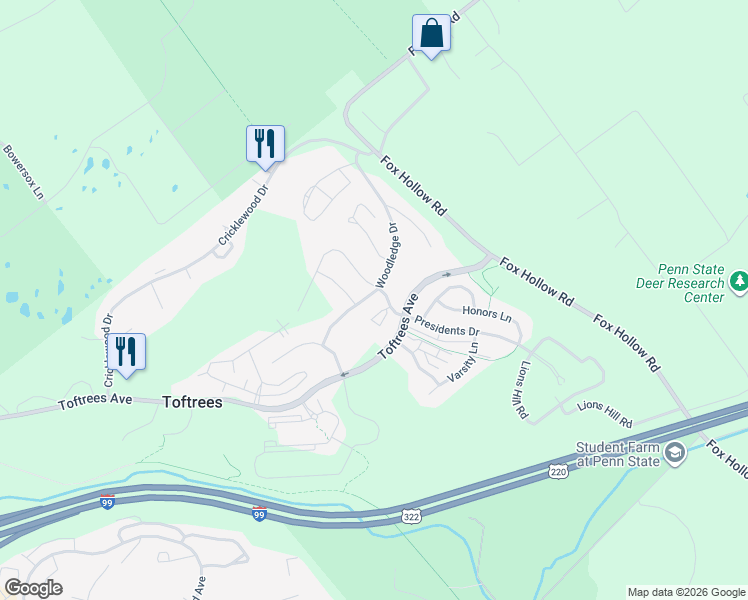 map of restaurants, bars, coffee shops, grocery stores, and more near 1771 Woodledge Drive in State College