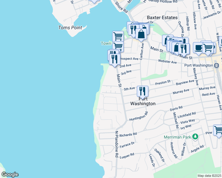 map of restaurants, bars, coffee shops, grocery stores, and more near 15 Dolphin Green in Port Washington