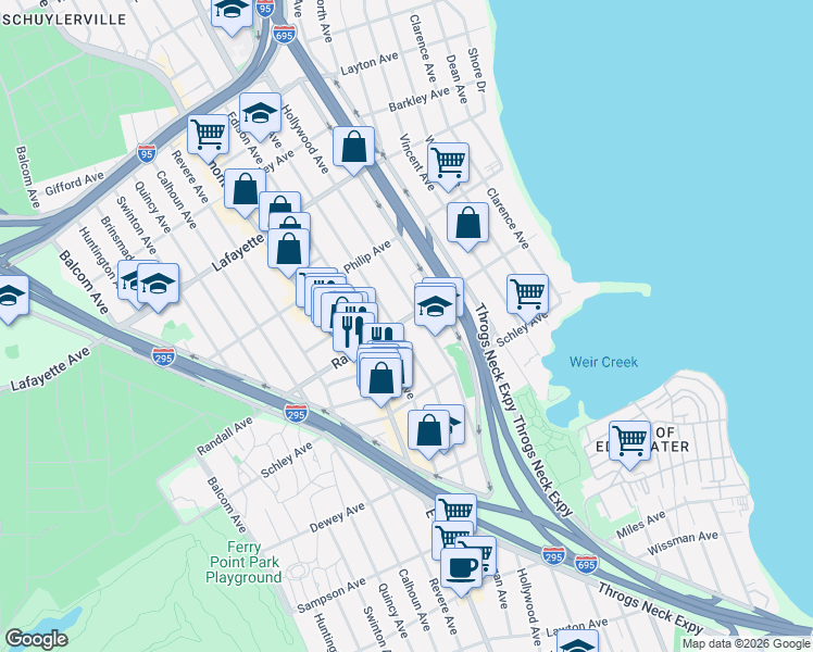 map of restaurants, bars, coffee shops, grocery stores, and more near 3006 Randall Avenue in The Bronx