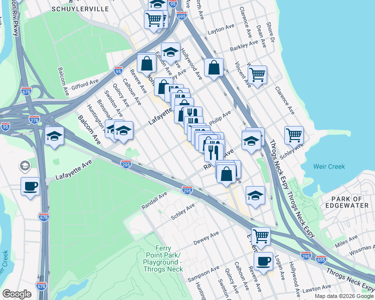 map of restaurants, bars, coffee shops, grocery stores, and more near 740 Revere Avenue in Bronx
