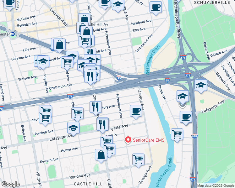 map of restaurants, bars, coffee shops, grocery stores, and more near 938 Havemeyer Avenue in Bronx