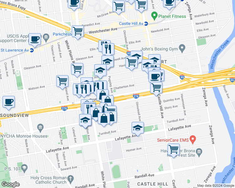 map of restaurants, bars, coffee shops, grocery stores, and more near 2013 Bruckner Boulevard in Bronx