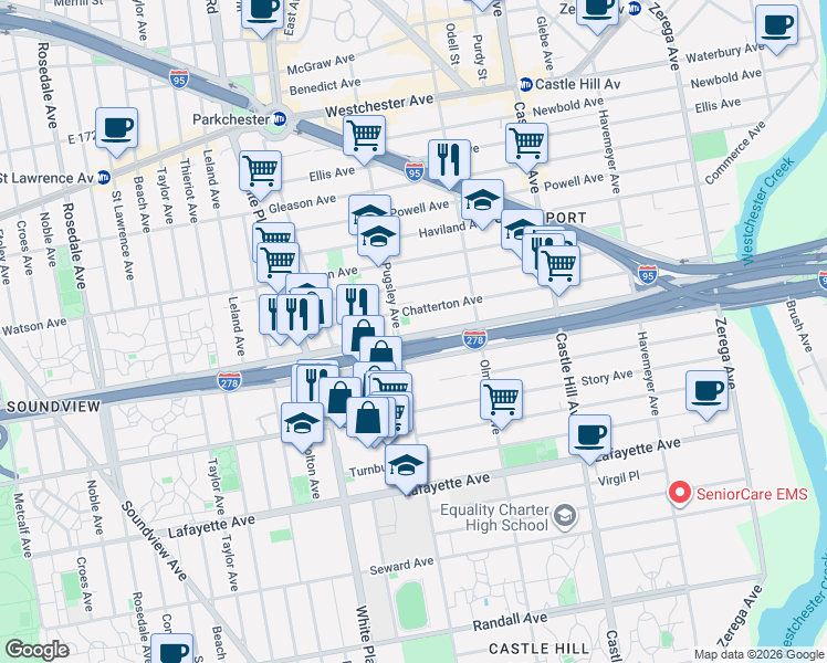 map of restaurants, bars, coffee shops, grocery stores, and more near 2013 Bruckner Boulevard in Bronx