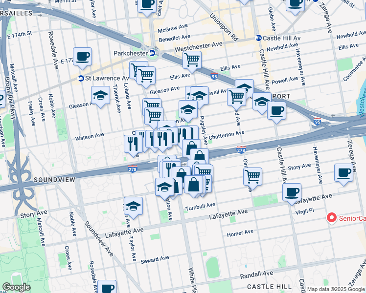 map of restaurants, bars, coffee shops, grocery stores, and more near 1014 Virginia Avenue in Bronx