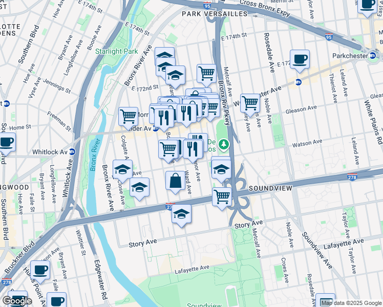 map of restaurants, bars, coffee shops, grocery stores, and more near in The Bronx