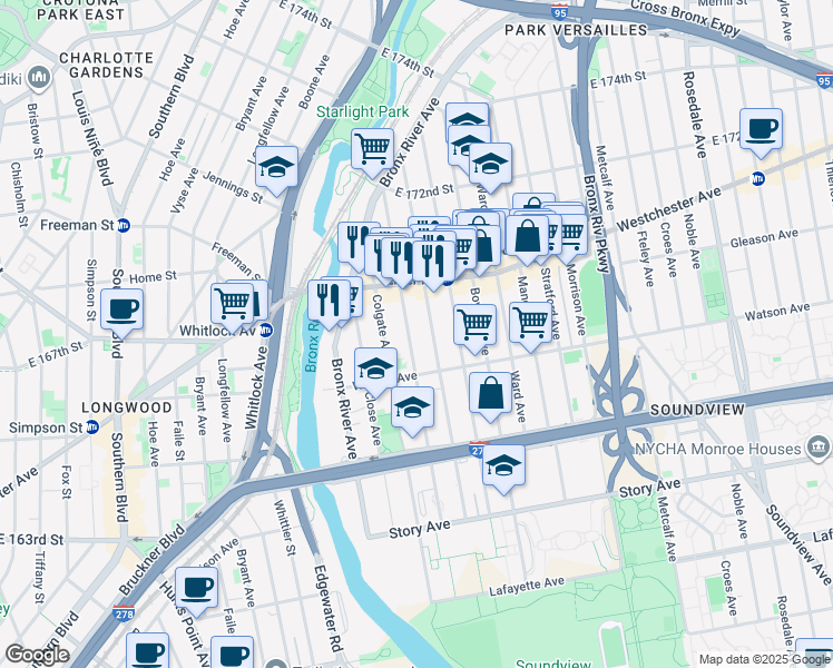 map of restaurants, bars, coffee shops, grocery stores, and more near 1145 Evergreen Avenue in The Bronx
