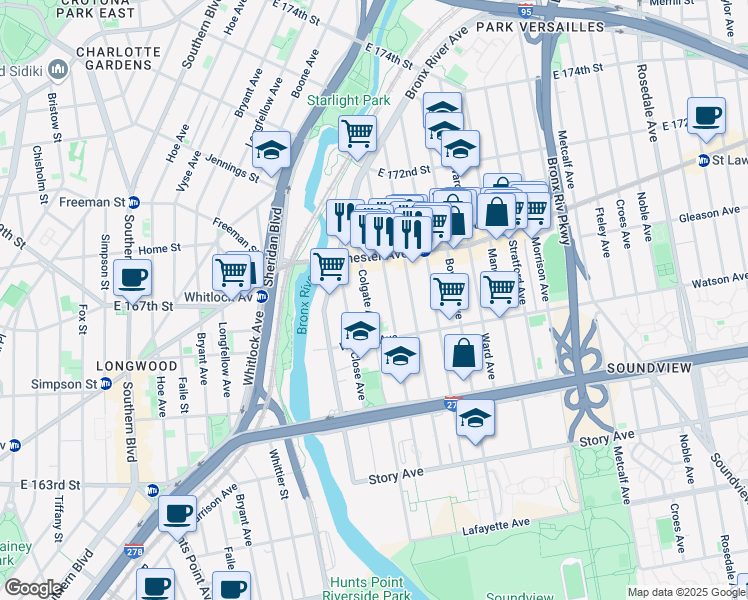 map of restaurants, bars, coffee shops, grocery stores, and more near 1145 Evergreen Avenue in The Bronx