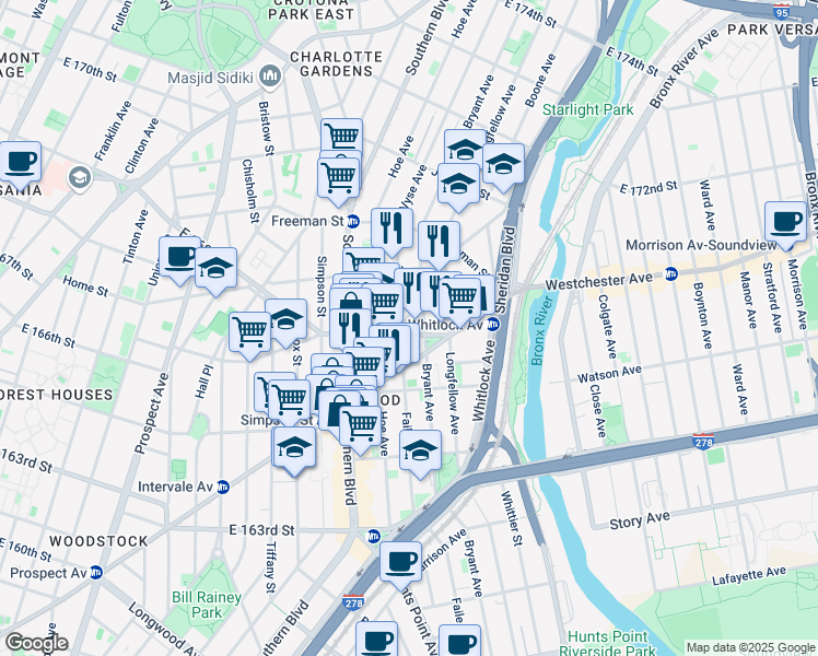 map of restaurants, bars, coffee shops, grocery stores, and more near 1129 Vyse Avenue in Bronx