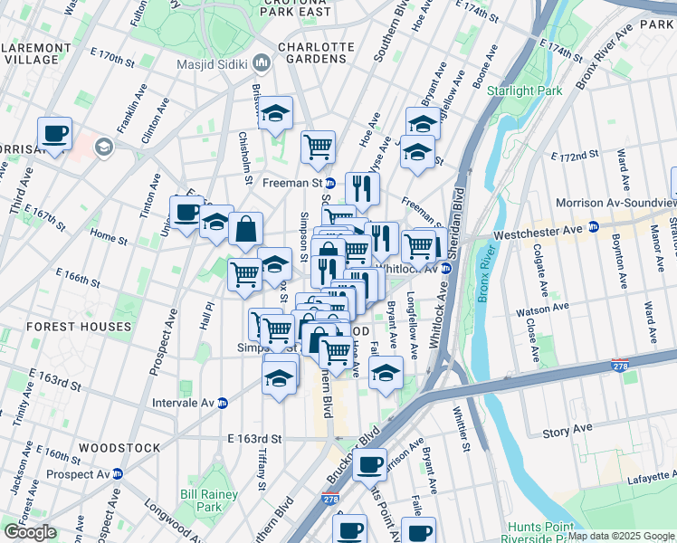 map of restaurants, bars, coffee shops, grocery stores, and more near 1122 Southern Boulevard in Bronx