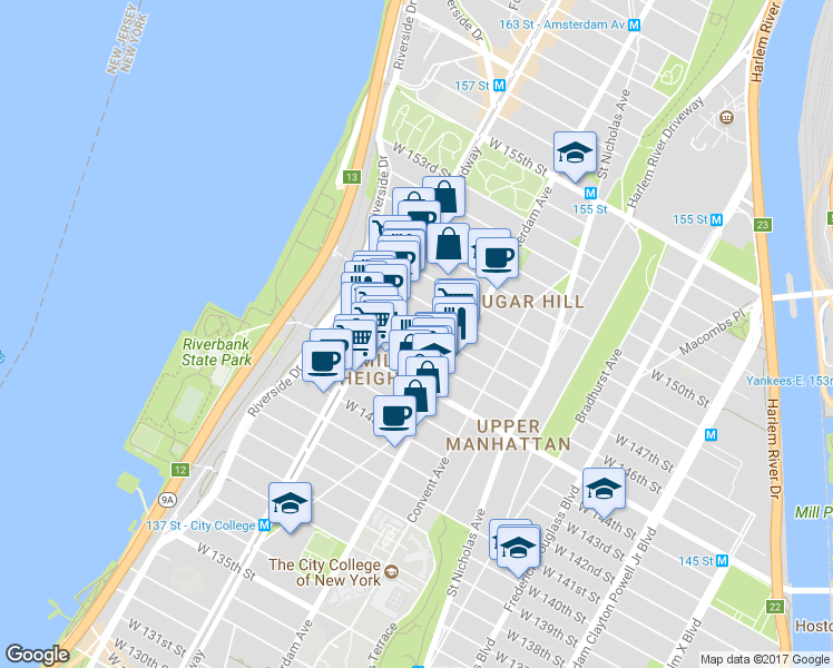 map of restaurants, bars, coffee shops, grocery stores, and more near 533 West 147th Street in New York