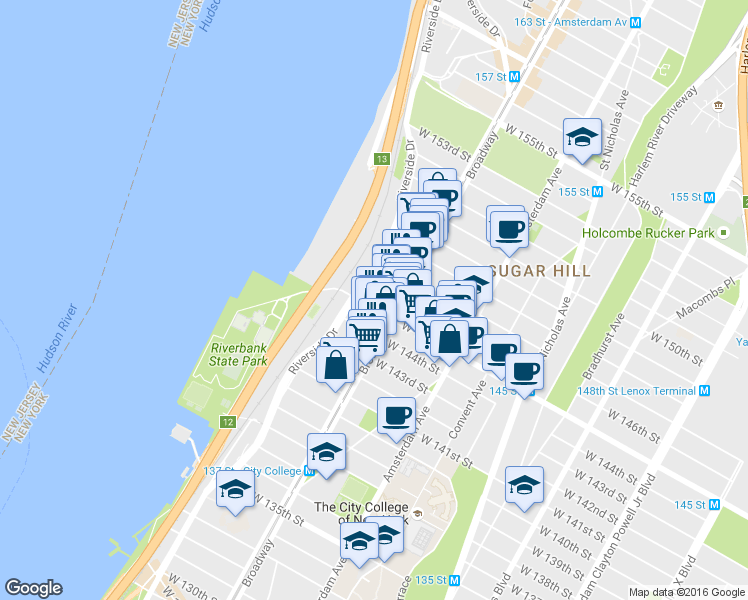 map of restaurants, bars, coffee shops, grocery stores, and more near 625 West 145th Street in New York