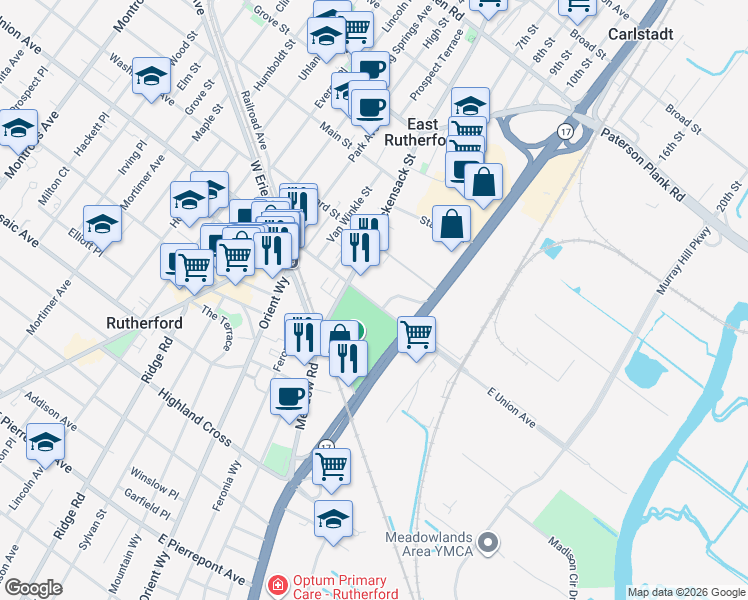 map of restaurants, bars, coffee shops, grocery stores, and more near 71 Union Avenue in East Rutherford