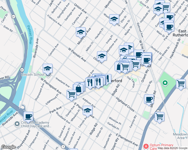 map of restaurants, bars, coffee shops, grocery stores, and more near 39 Donaldson Avenue in Rutherford