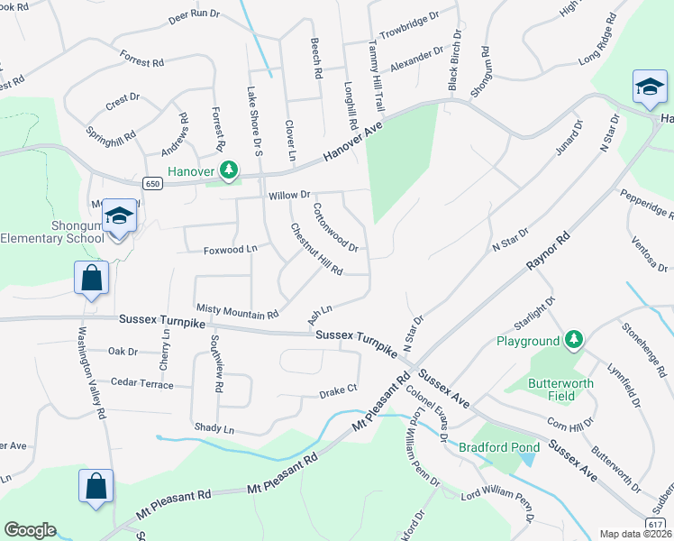 map of restaurants, bars, coffee shops, grocery stores, and more near 57 Misty Mountain Road in Randolph