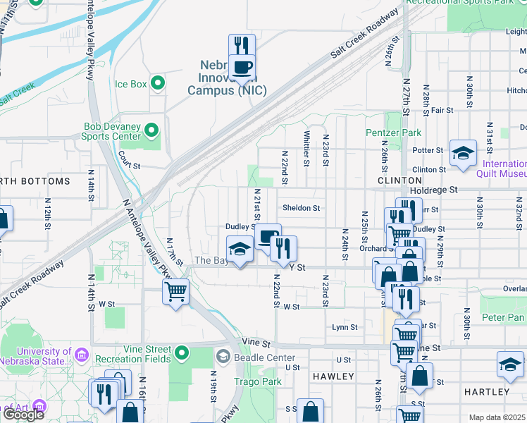 map of restaurants, bars, coffee shops, grocery stores, and more near 1335 North 21st Street in Lincoln